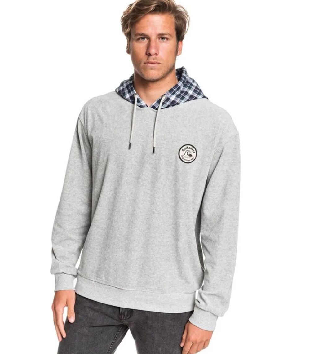 Quiksilver Wagon Road Hoodie soft gray ribbed blue plaid sweater XL